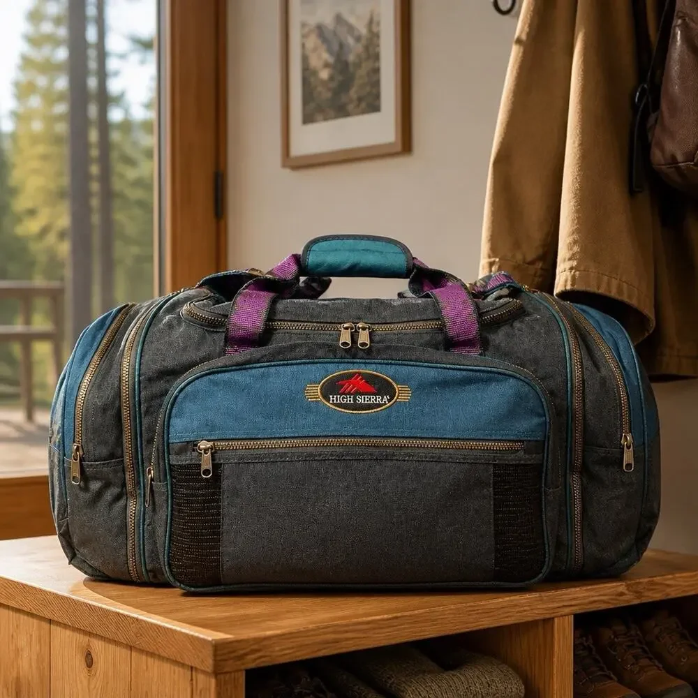 Vintage 1990s High Sierra Canvas Navy Purple Green Duffle Gym Travel Bag READ